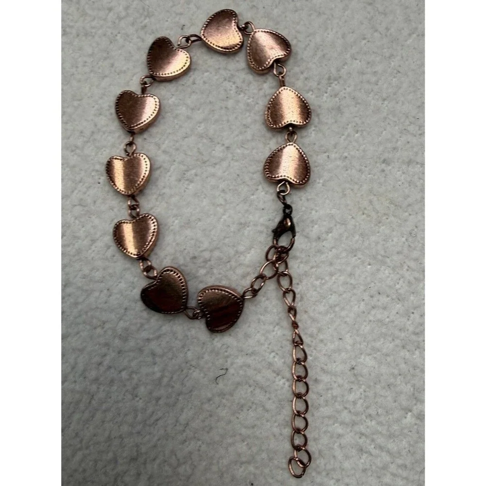 Vintage Rose Gold Copper Heart Link Bracelet Dainty Coquette Adjust Chain Gift